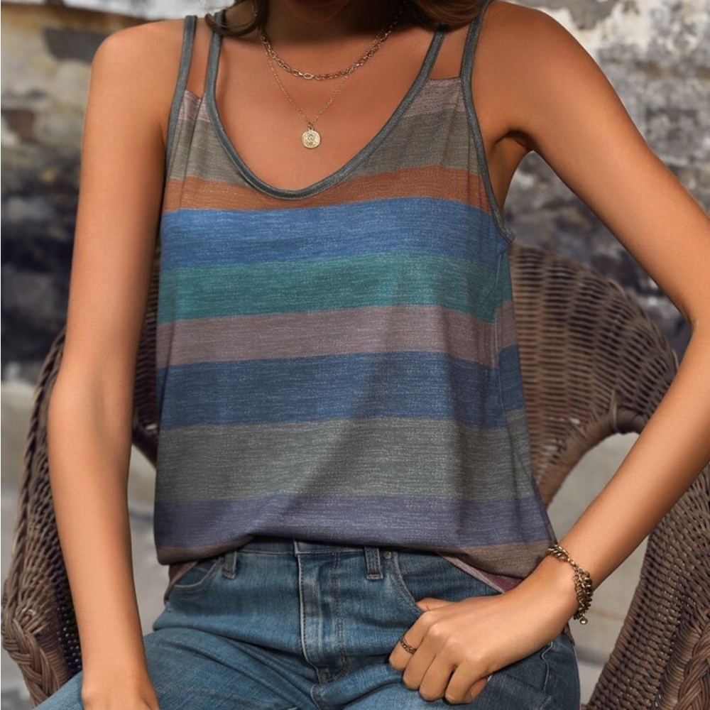 LAST CHANCE Rainbow Rugby Striped Multicolor Loose Fit Tank Top M